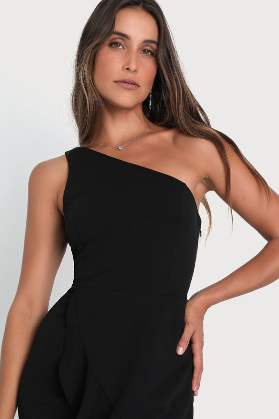 Dramatic Persona Black One-Shoulder Ruffled Maxi Dress