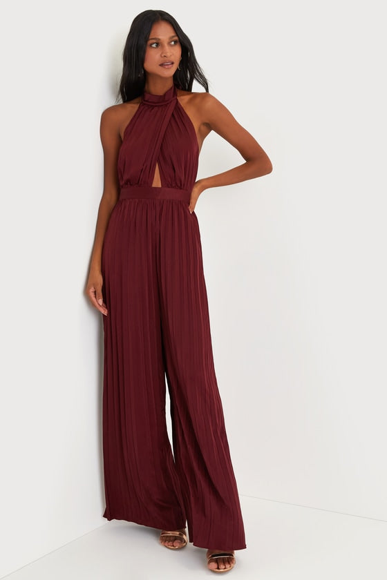 Confident Impression Burgundy Satin Pleated Halter Jumpsuit