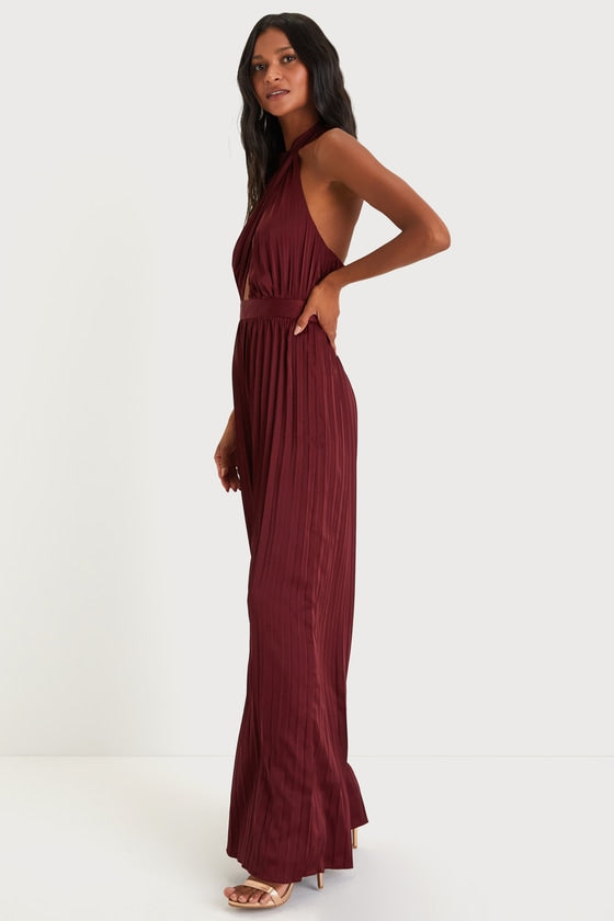 Confident Impression Burgundy Satin Pleated Halter Jumpsuit