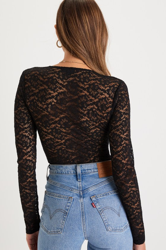 Adorable Embrace Black Lace Long Sleeve Bodysuit