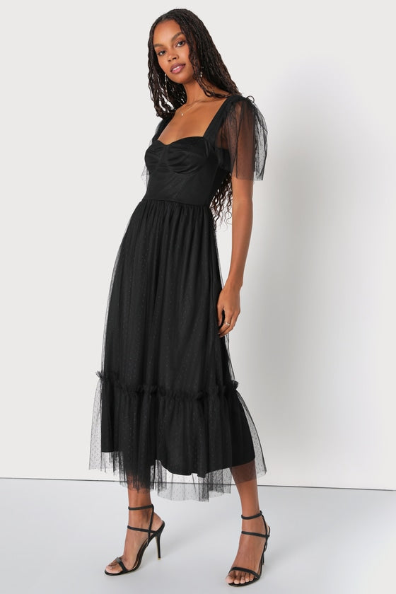 Dreamy Celebration Black Tulle Bustier Swiss Dot Midi Dress