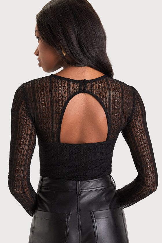 Sheer Passion Black Sheer Lace Long Sleeve Bodysuit