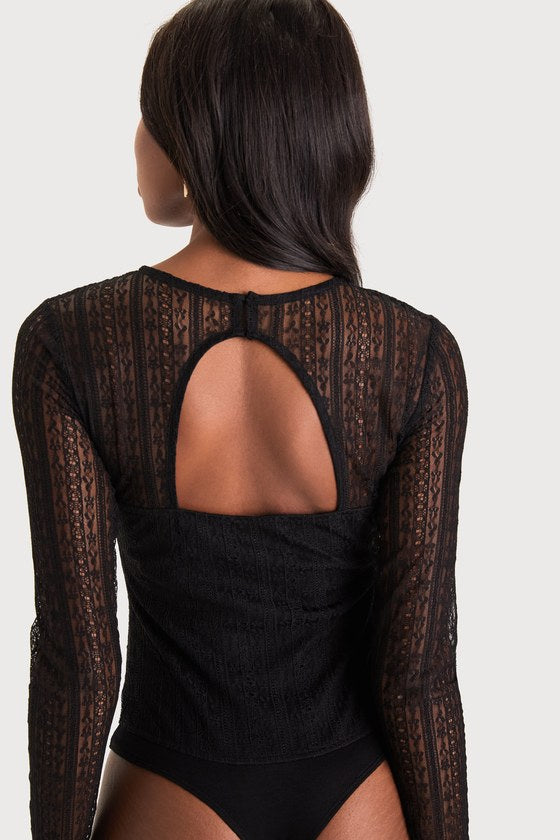 Sheer Passion Black Sheer Lace Long Sleeve Bodysuit