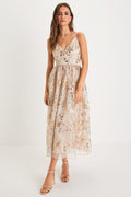 Glittery Glamour Gold Floral Embroidered Sequin Midi Dress