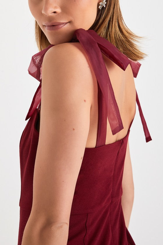 Romantic Celebration Burgundy Tie-Strap Bodycon Midi Dress