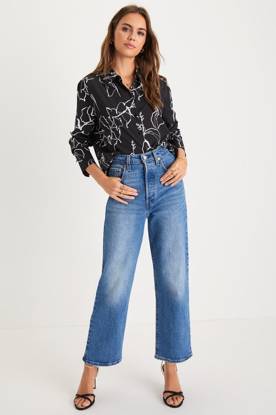 Artistically Chic Black and White Abstract Print Button-Up Top