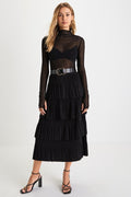 Stylish Fascination Black Pleated Tiered Midi Skirt