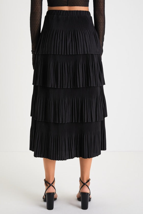 Stylish Fascination Black Pleated Tiered Midi Skirt