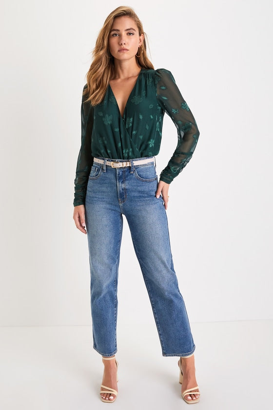 Charming Purpose Emerald Green Floral Jacquard Surplice Bodysuit