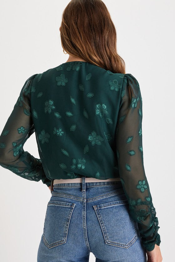 Charming Purpose Emerald Green Floral Jacquard Surplice Bodysuit