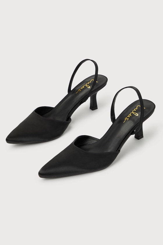 Leith Black Satin Kitten Heel Slingback Pumps