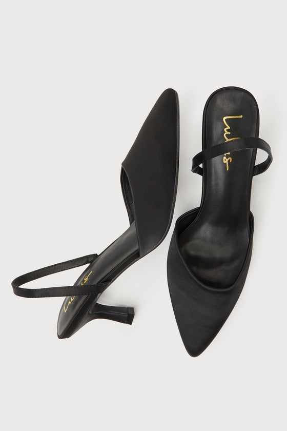 Leith Black Satin Kitten Heel Slingback Pumps