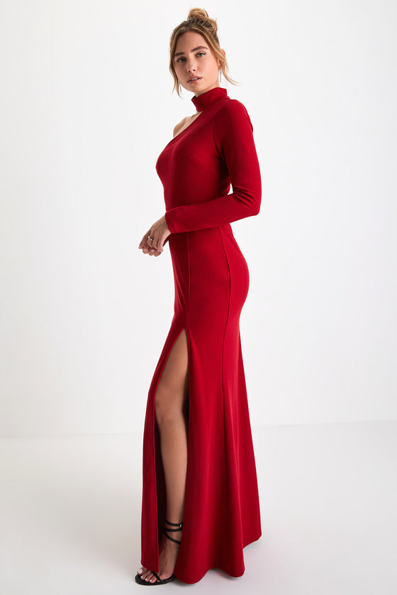 Keep It Interesting Red Cutout One-Shoulder Maxi Dress