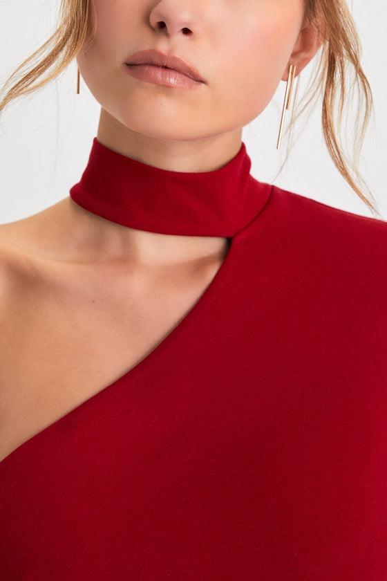 Keep It Interesting Red Cutout One-Shoulder Maxi Dress