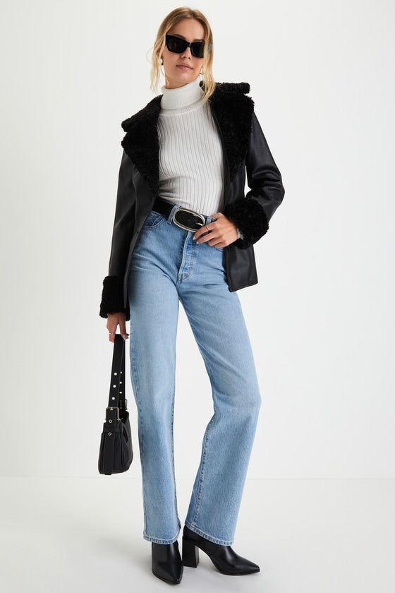 Trendsetting Muse Black Vegan Leather Faux Fur Belted Jacket