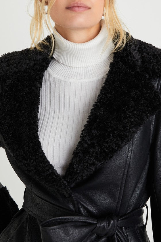 Trendsetting Muse Black Vegan Leather Faux Fur Belted Jacket