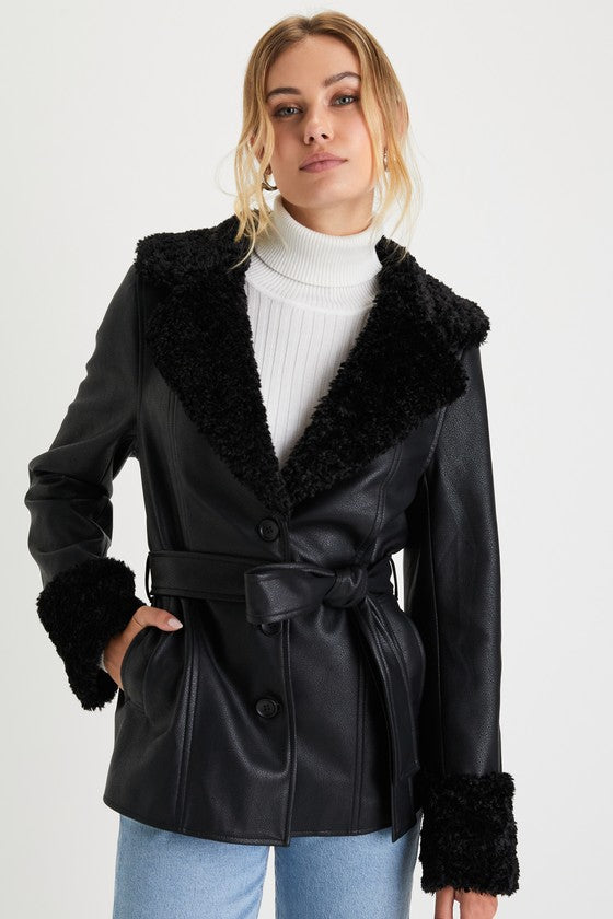 Trendsetting Muse Black Vegan Leather Faux Fur Belted Jacket
