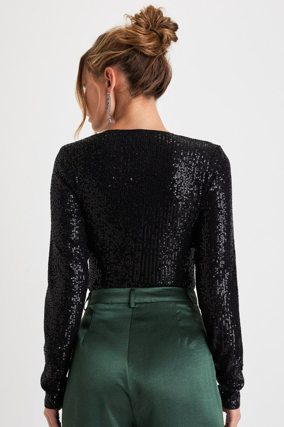 Sparkling Evenings Black Sequin V-Neck Long Sleeve Bodysuit