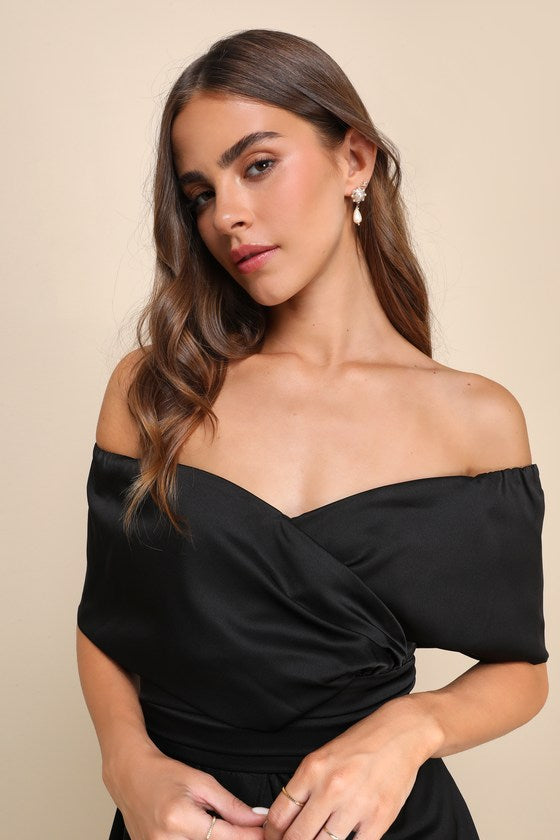 Always Celebrating Black Satin Off-the-Shoulder Mini Dress