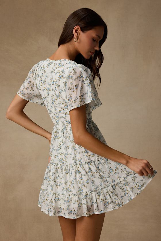 So True White Floral Print Tiered Short Sleeve Mini Dress