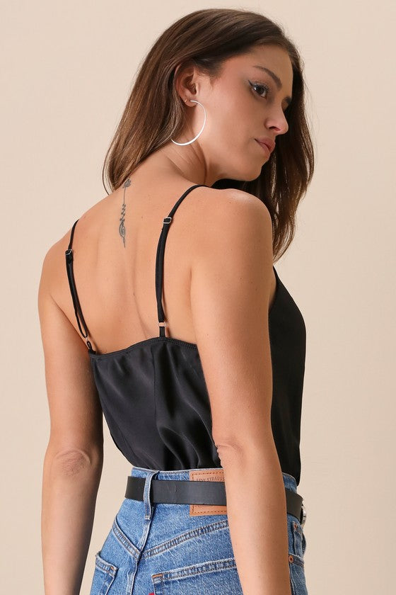 Emmerson Black Satin Sleeveless Cowl Neck Bodysuit