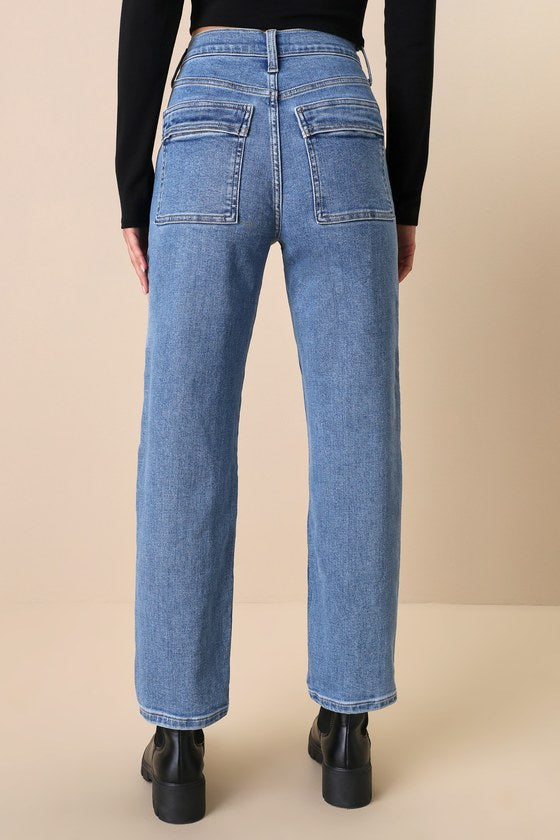Ready to Vibe Medium Wash High-Rise Straight Leg Cargo Jeans