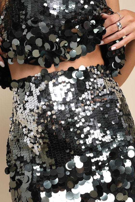 Sparkle Era Silver Sequin High-Waisted Mini Skirt