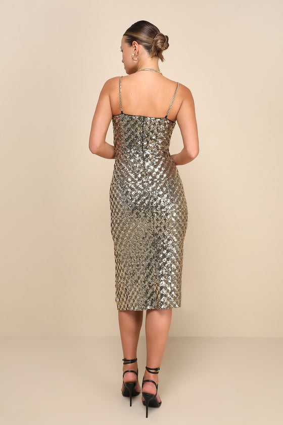 Absolutely Aglow Gold Sequin Chain Strap Bodycon Midi Dress