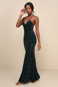 Marvelous Icon Emerald Velvet Glitter Backless Maxi Dress
