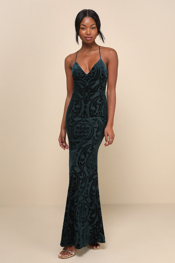 Marvelous Icon Emerald Velvet Glitter Backless Maxi Dress