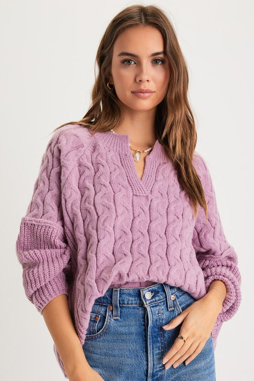 Toasty Charm Lavender Cable Knit Notched Oversized Sweater