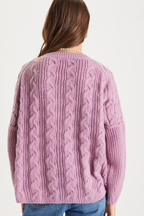 Toasty Charm Lavender Cable Knit Notched Oversized Sweater