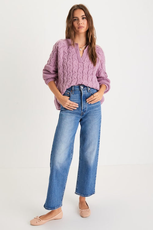 Toasty Charm Lavender Cable Knit Notched Oversized Sweater