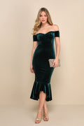 How Much I Care Emerald Green Velvet Off-the-Shoulder Midi Dress