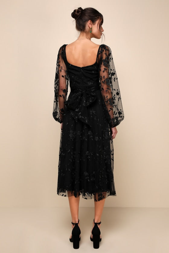 Darling Charisma Black Mesh Embroidered Midi Dress