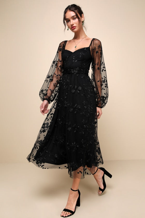 Darling Charisma Black Mesh Embroidered Midi Dress