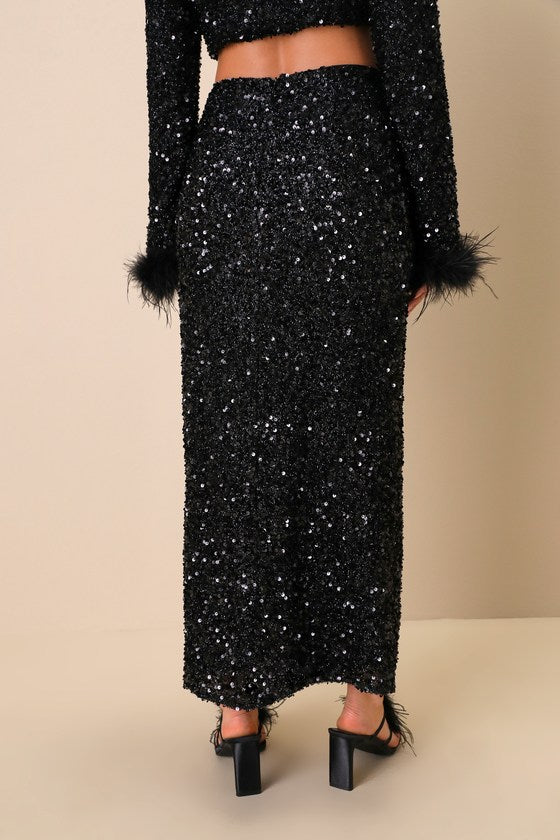 Sparkling Behavior Black Sequin High-Rise Midi Skirt