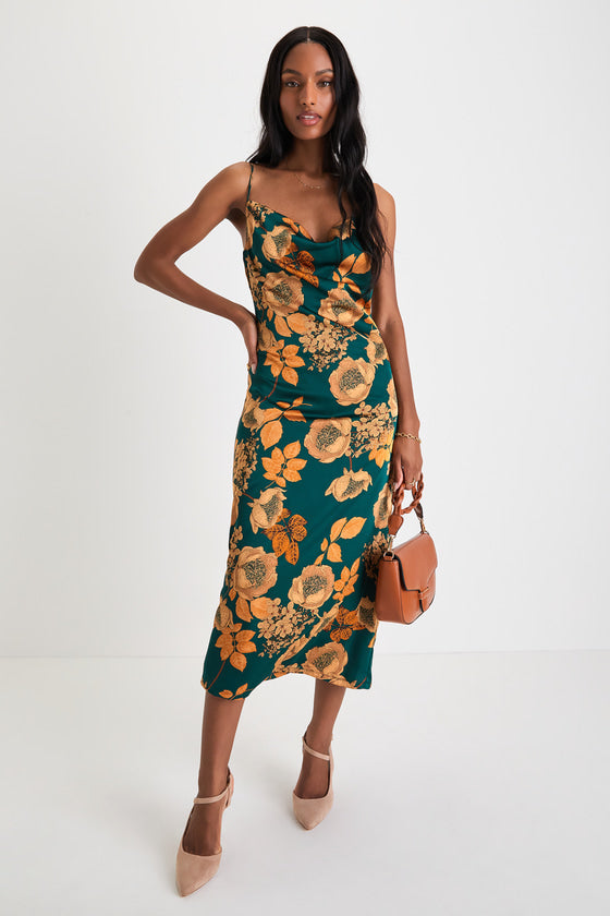 Favorite Icon Green Floral Satin Cowl Neck Slip Midi Dress