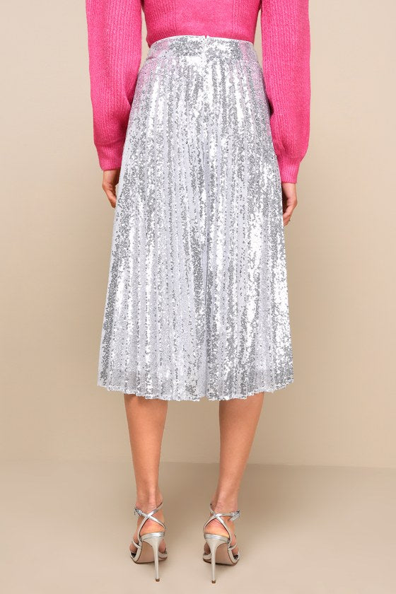 Glamorous Occasion Silver Sequin Pleated Midi Skirt