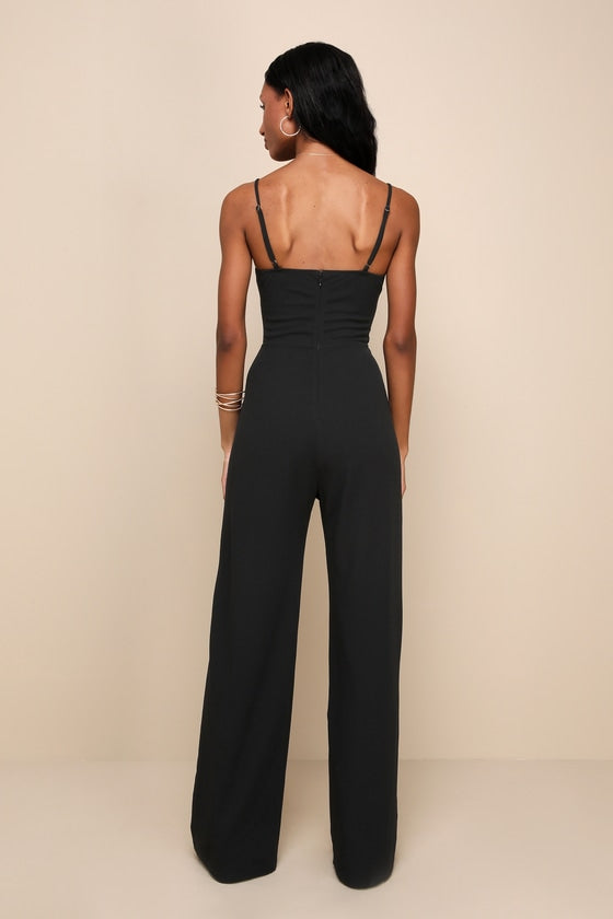 Sultry Strut Black Mesh Bustier Sleeveless Wide-Leg Jumpsuit