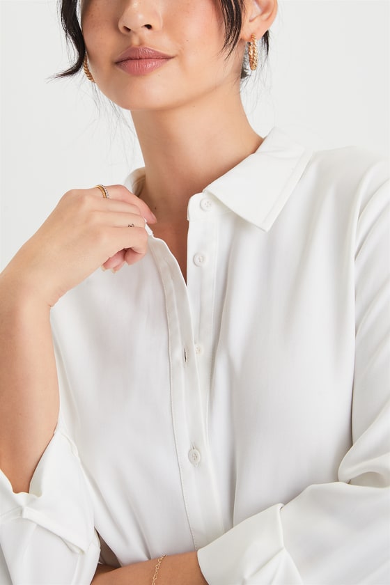 Totally Polished Ivory Long Sleeve Button-Up Top