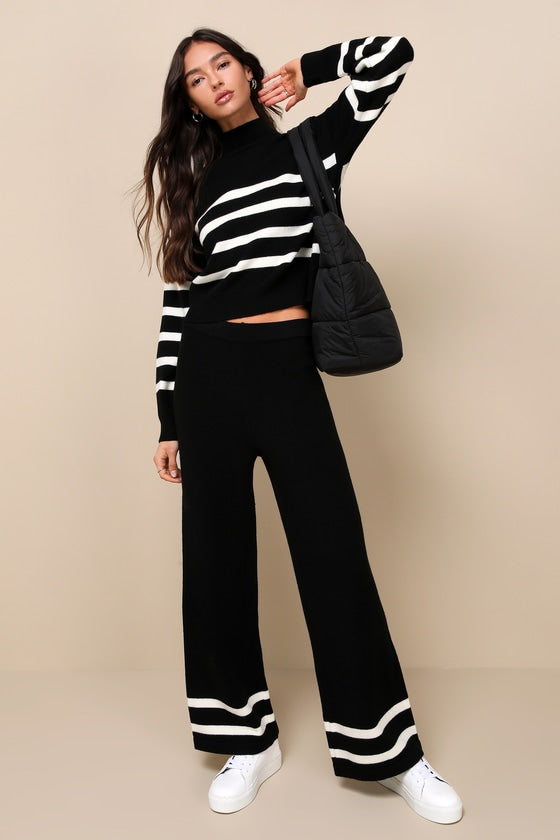 Effortlessly Charming Black Striped Wide-Leg Sweater Pants
