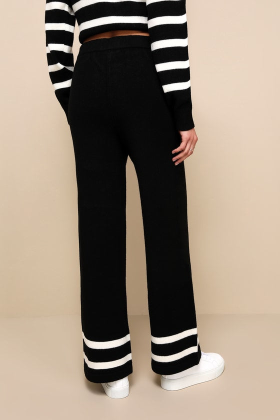 Effortlessly Charming Black Striped Wide-Leg Sweater Pants