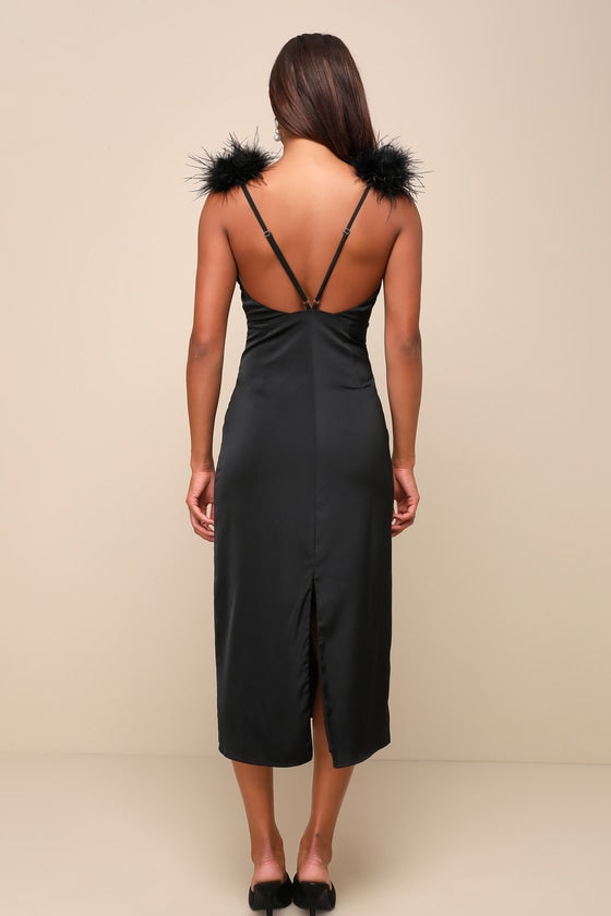 Exquisite Invite Black Satin Feather Backless Midi Dress