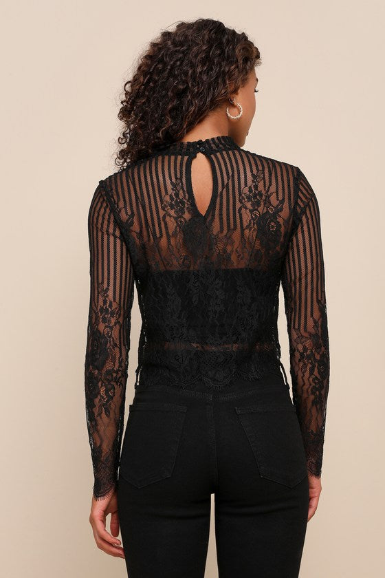 Tempt Me Black Sheer Lace Long Sleeve Crop Top