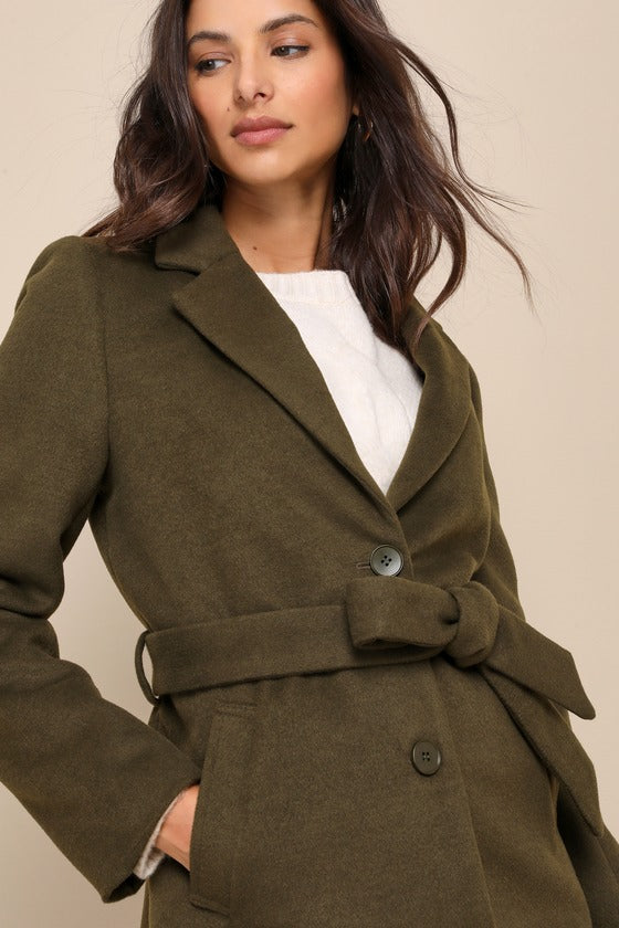 Harriet Olive Green Button-Front Belted Coat