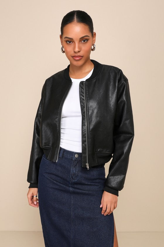 Edgy Inclination Black Vegan Leather Bomber Jacket