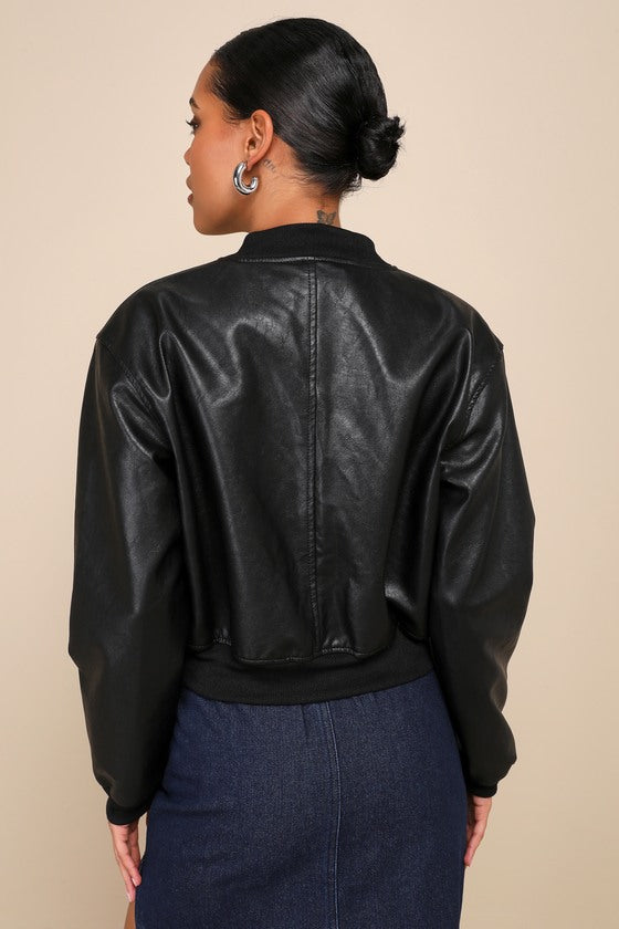 Edgy Inclination Black Vegan Leather Bomber Jacket