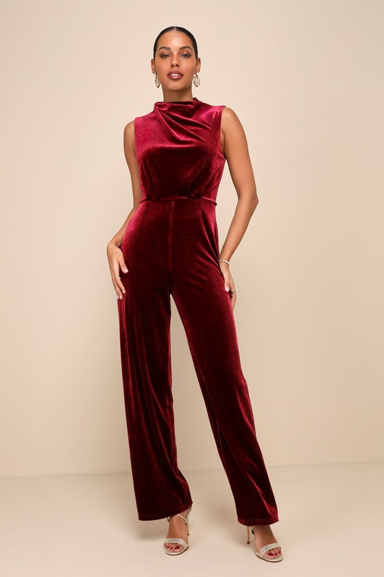 Essential Confidence Wine Red Velvet Mock Neck Jumpsuit