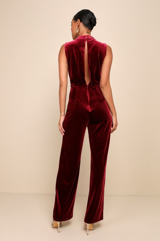 Essential Confidence Wine Red Velvet Mock Neck Jumpsuit